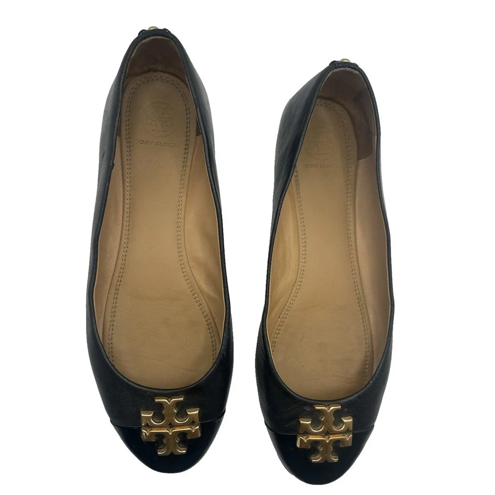 Tory Burch Everly Cap Toe Ballet Flat Old Money Closet Staple Black Size 8 1/2